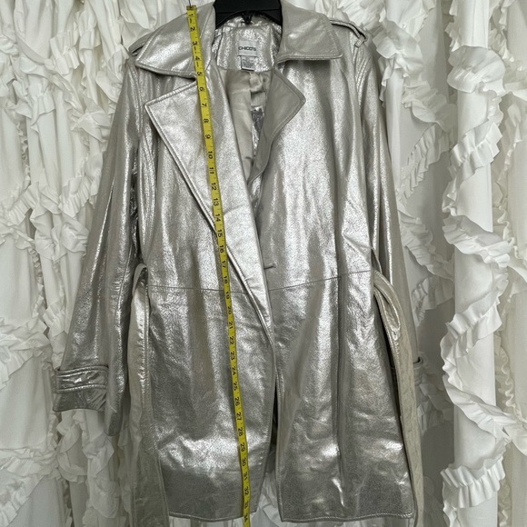 Chico's Jackets & Blazers - NEW Chicos SILVER TRENCH Coat REAL leather sparkle disco chic 2 pocket NYE party
